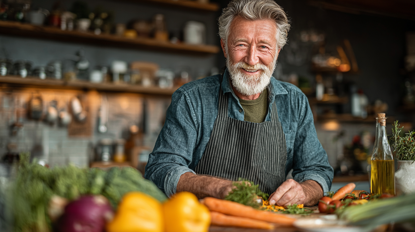 Щаслива пара старшого віку готує здорову їжу разом на кухні